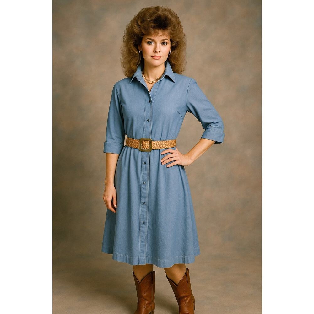 Vintage Petites By Willi Dress Blue Denim Maxi Button Down Modest Sz-14 Western